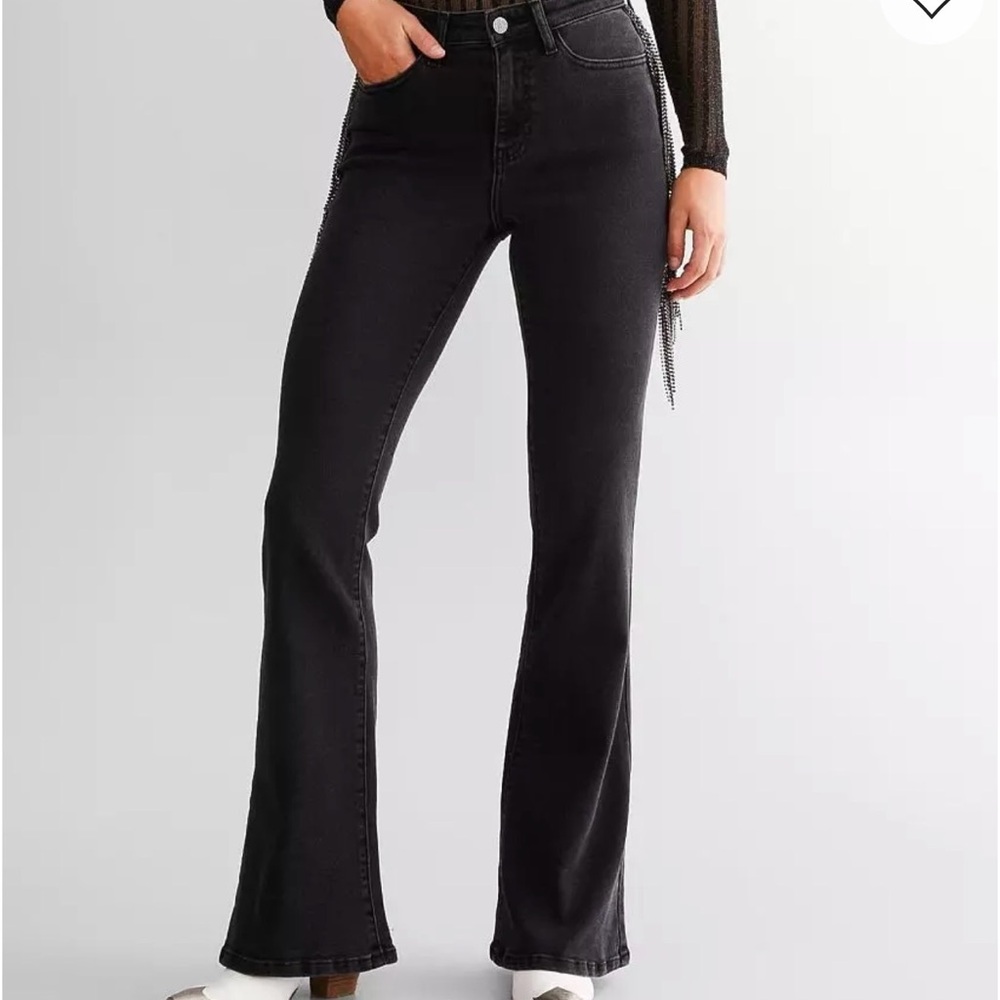Sterling and stitch Black Flared Pants with bling fringe Long!!! 34in! - Picture 3 of 10